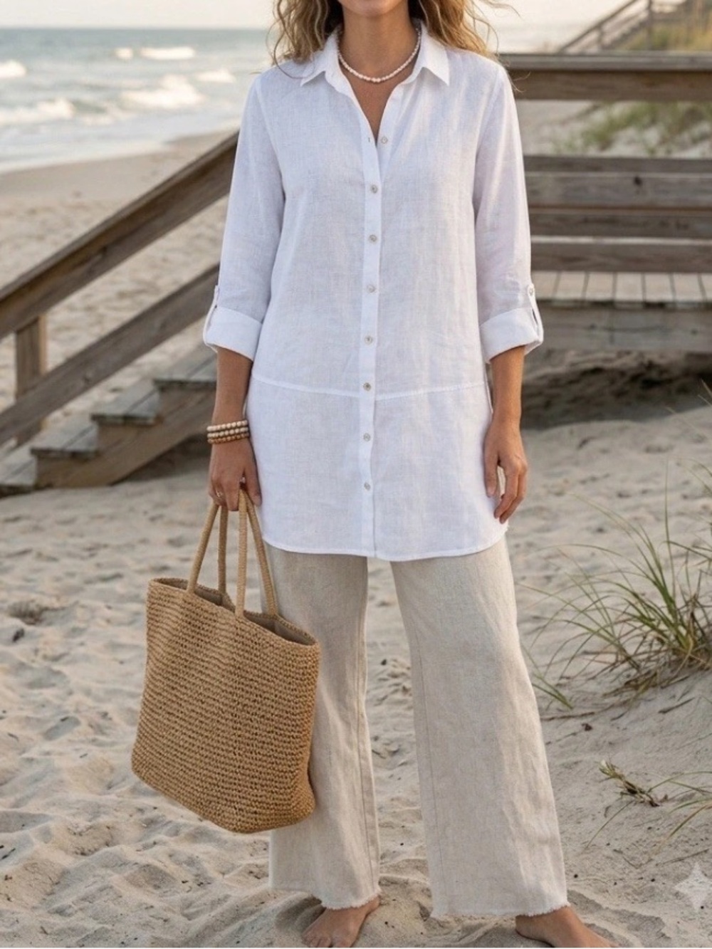 Tahari Essentials 100% Linen White Button Down Shirt Medium